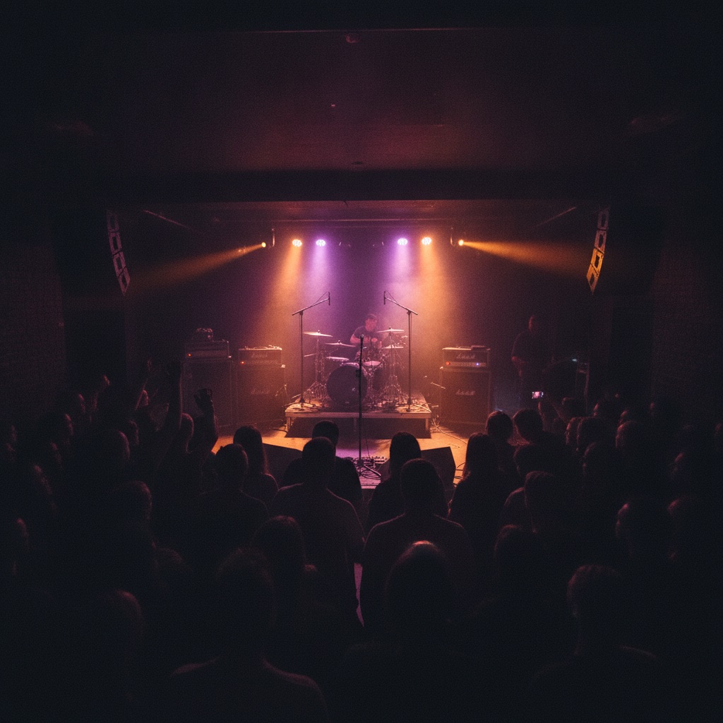 Small club stage in purple and amber light, crowd silhouetted
